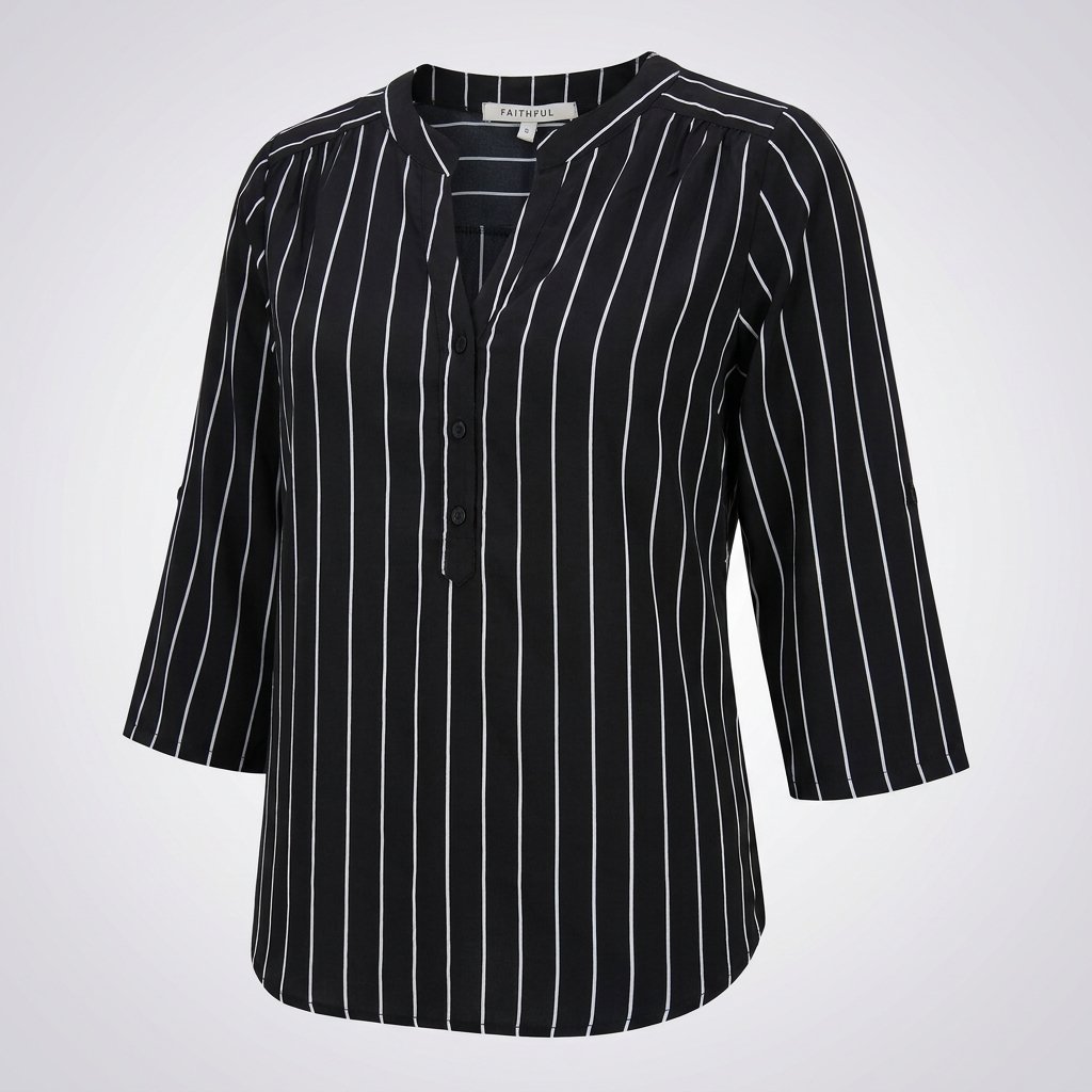 Blusa manga 3/4 color negro con líneas blancas, talla S